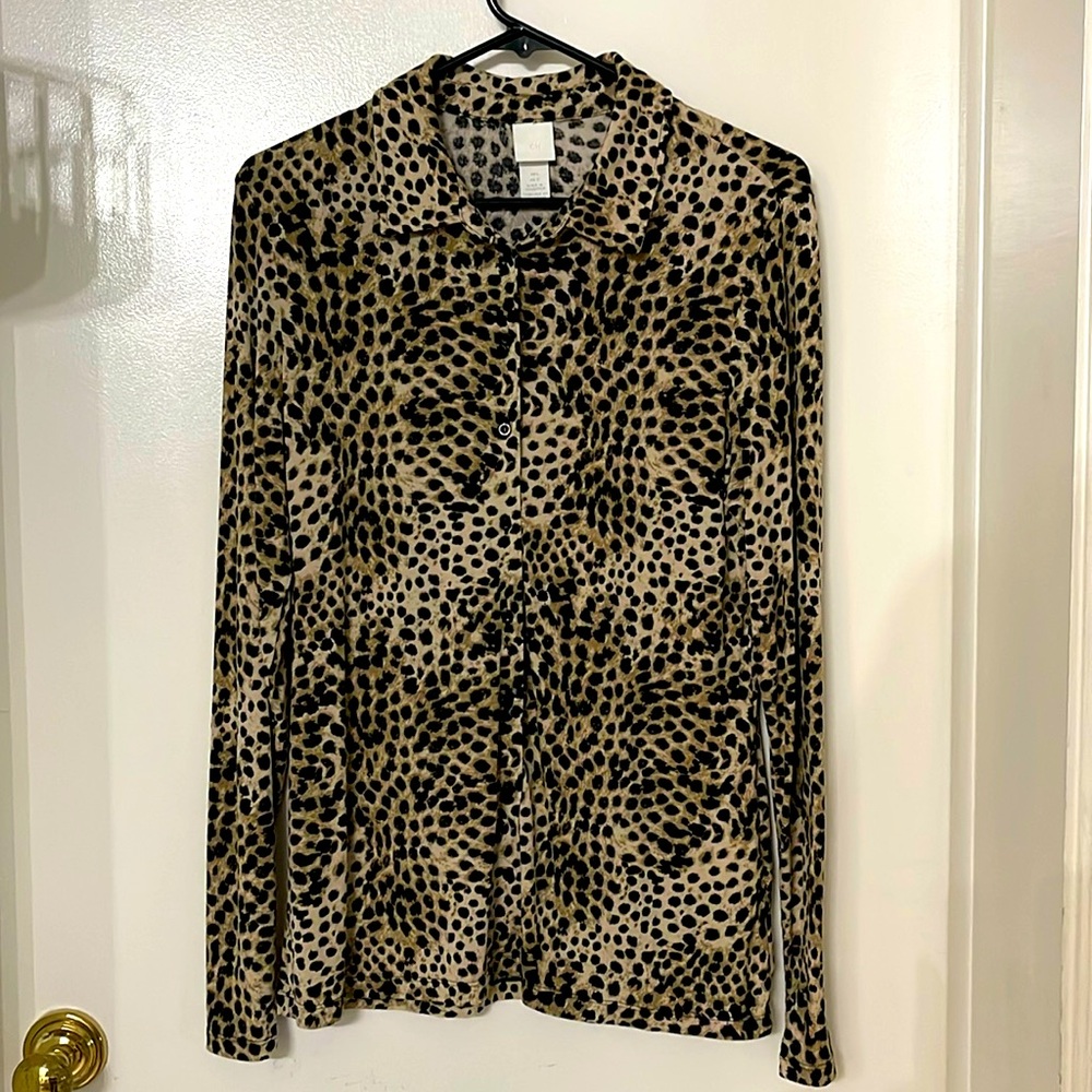 H&M CHEETAH PRINT BLOUSE TOP BUTTON DOWN SZ L STRETCH LONG SLEEVE WOMENS SHIRT
